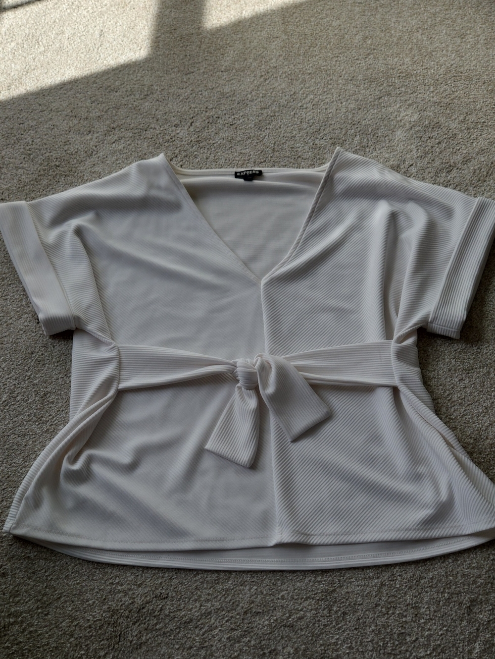 Express Womens White Ribbed V-Neck Tie-Front Top